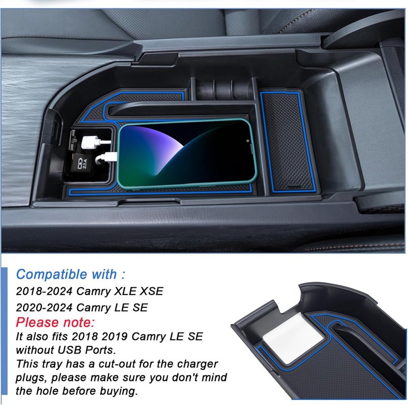 TOPINSTALL Blue Center Console Tray Compatible with 2018-2024 Toyota Camry XLE XSE and 2020-2023 2024 Camry LE SE with Dual USB Ports, Interior Accessories Armrest Console Organizer (Not for 2025) - Image 4